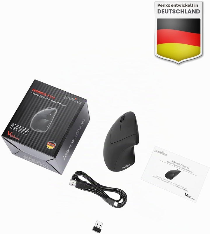 Perixx PERIMICE-713LR – Kabellose, Wiederaufladbare Vertikale Maus für Linkshänder – Duale Ladefunkt