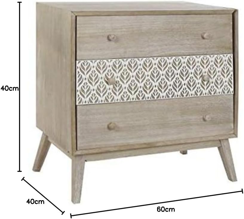 DRW Kommode mit 3 Schubladen Paulownia mit natürlichen Blättern 80 x 42 x 80 cm, Natur, 80x42x80cm