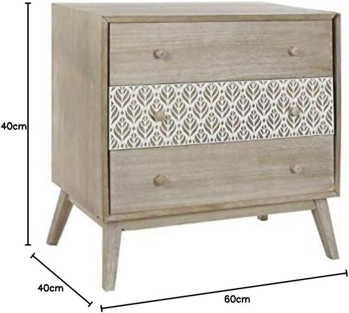 DRW Kommode mit 3 Schubladen Paulownia mit natürlichen Blättern 80 x 42 x 80 cm, Natur, 80x42x80cm