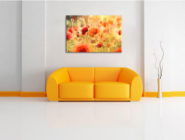 Mohnwiese Malerei Effekt, Format: 100x70 auf Leinwand, XXL riesige Bilder fertig gerahmt mit Keilrah