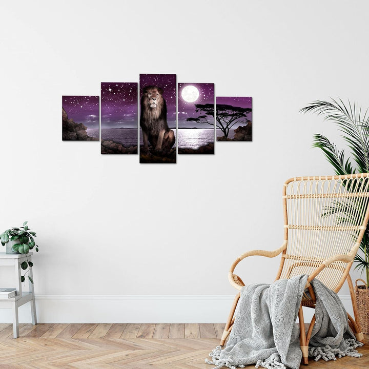 Runa Art Wandbilder Afrika Löwe 5 Teilig Bild auf Vlies Leinwand Deko Wohnzimmer Schlafzimmer Mond L
