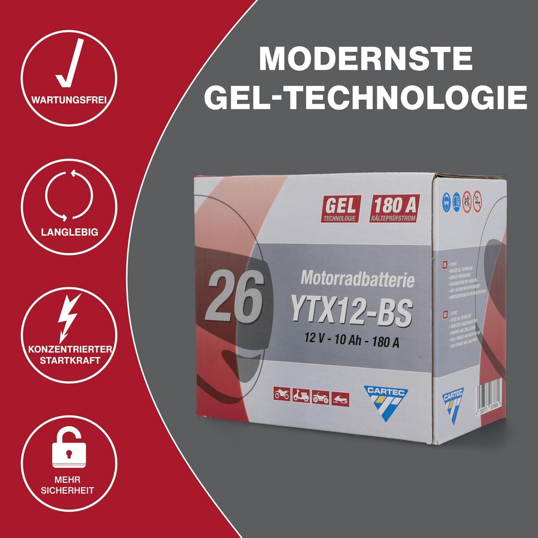 CARTEC Motorradbatterie YTX12-BS, 10Ah, 180A, Gel Technologie Motorrad-Starter-Batterie, Erstausrüst