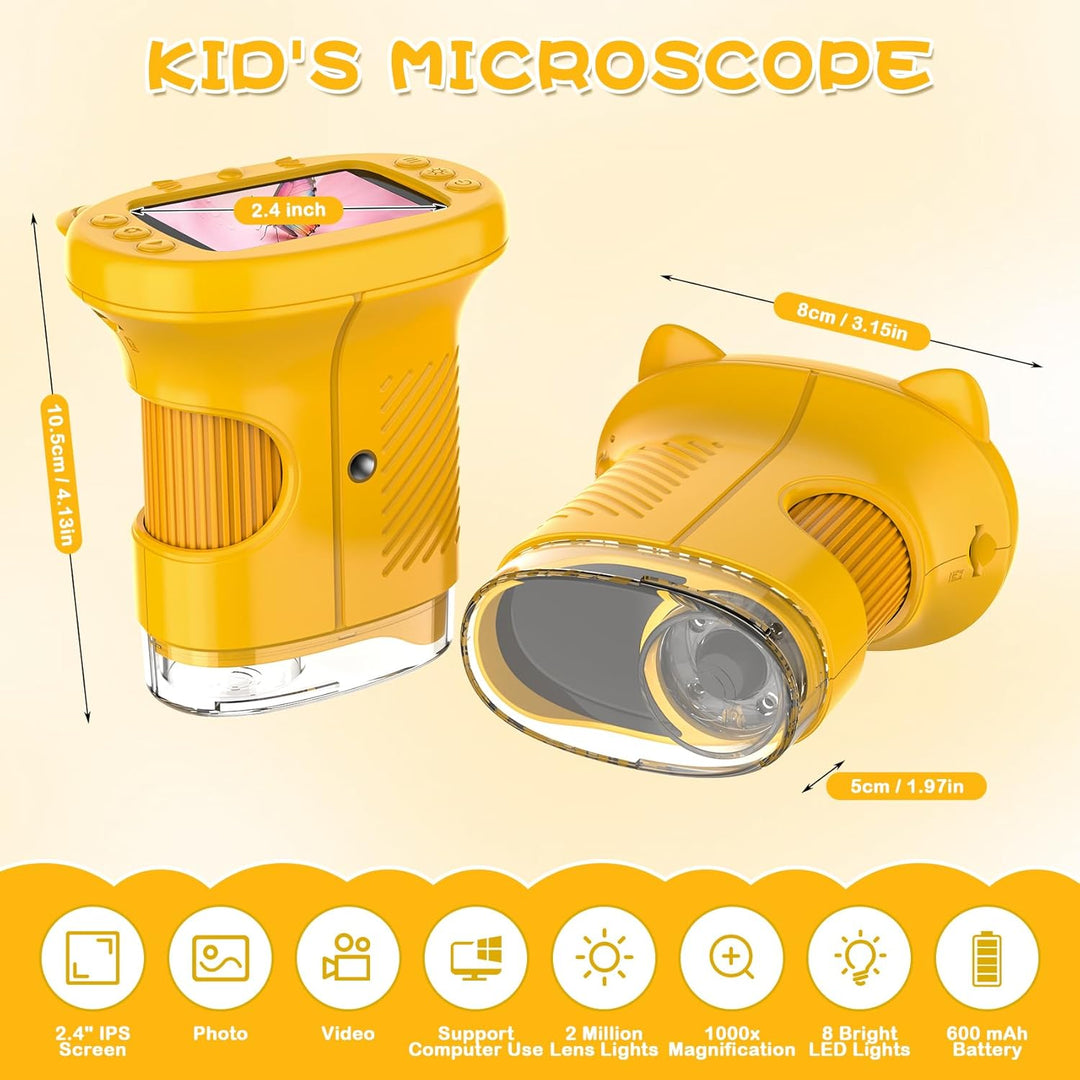 Handmikroskop für Kinder, 1000X Zoom Digitales USB-Mikroskope mit 2,4-Zoll-IPS-Bildschirm, Tragbare