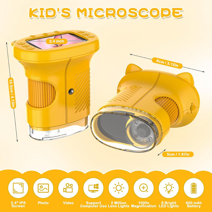 Handmikroskop für Kinder, 1000X Zoom Digitales USB-Mikroskope mit 2,4-Zoll-IPS-Bildschirm, Tragbare