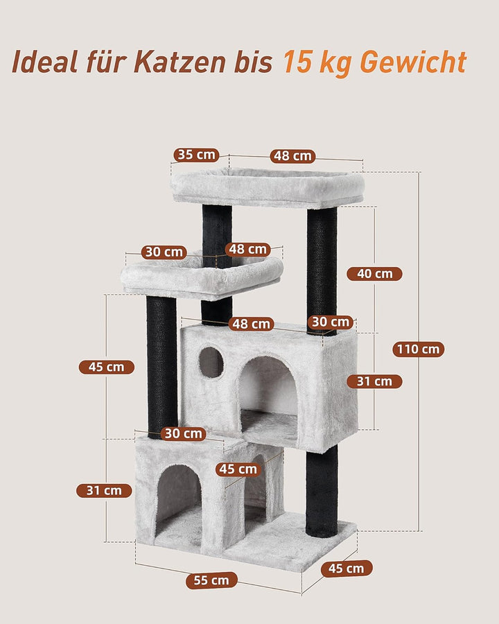 Kratzbaum für Grosse Katzen, 4 Ebenen Katzenbaum 55×45×111 cm, 2 Extra Hohe Jute-Kratzstämme (45 cm