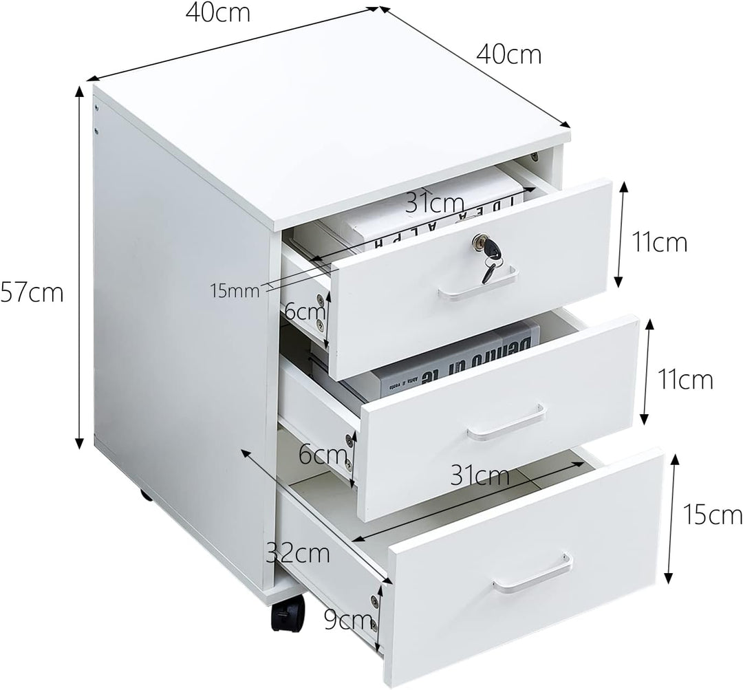 CLIPOP Rollcontainer Abschliessbare mit 3 Schubladen,Weiss Holz | Mobiler Aktenschrank Büroschrank m