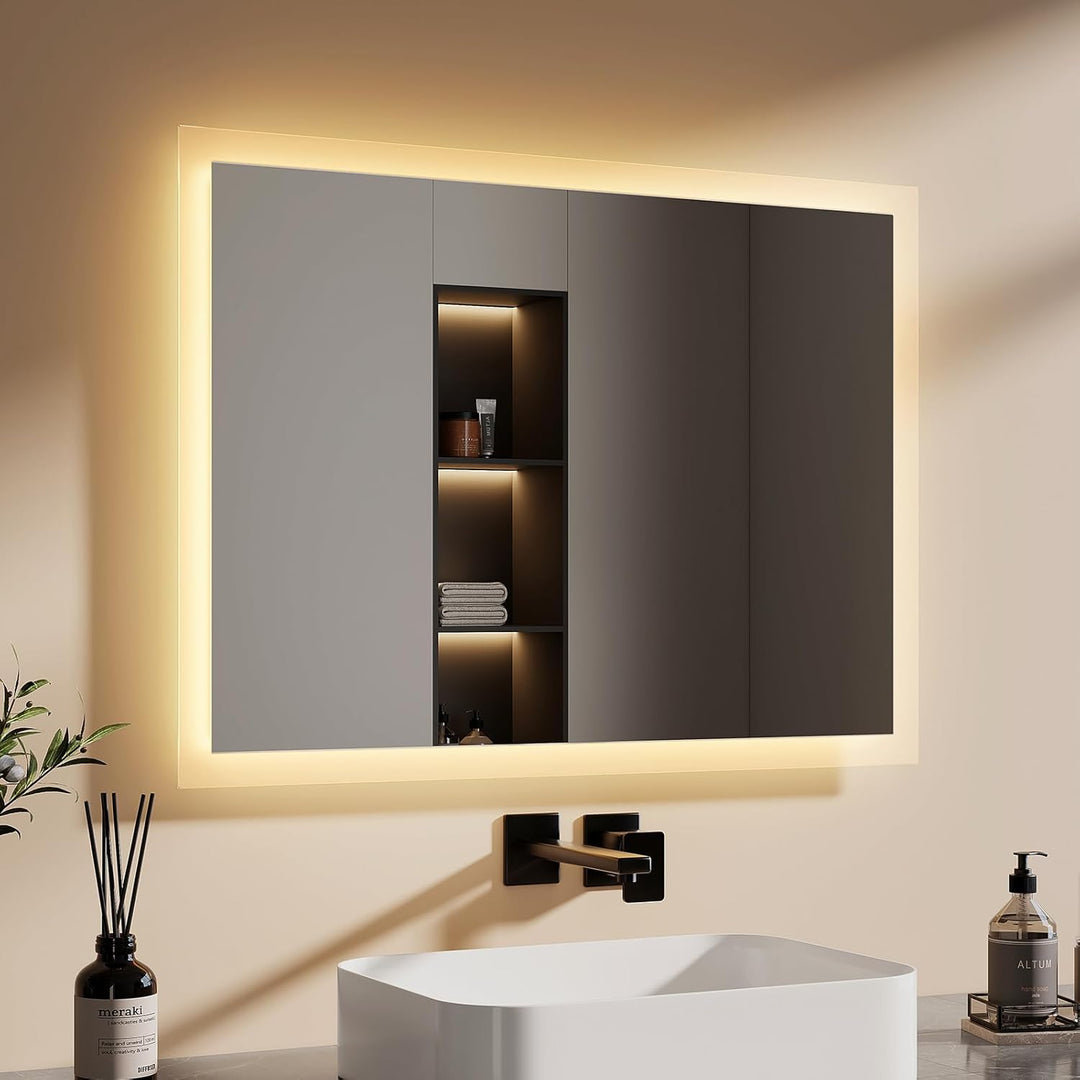 EMKE Badspiegel mit Beleuchtung 80x60cm, Badezimmerspiegel mit Warmweiss Licht 3000K, Wandschalter,