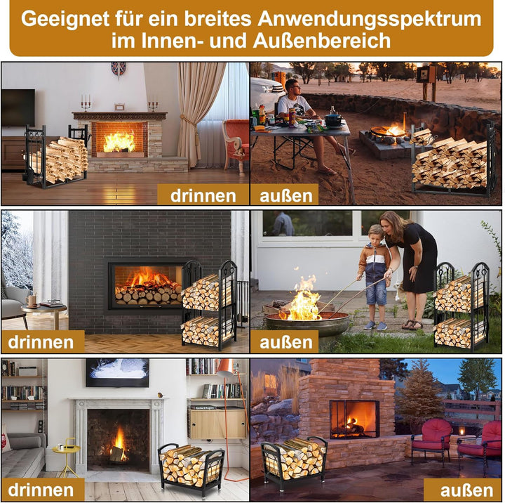 Ikodm kaminholzregal Innen und Aussen, mit Kaminbesteck, Metall Brennholzregal aussen 37 x 33 x 74CM