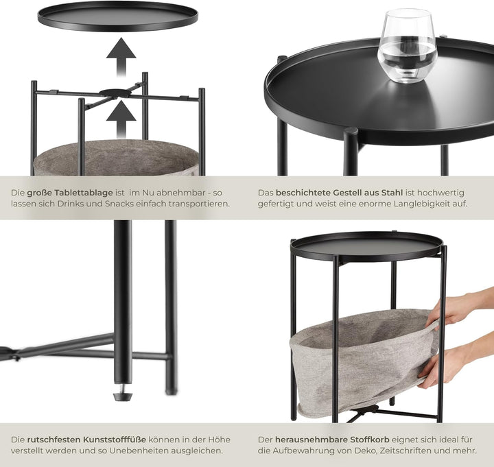 tectake® Tisch rund, Beistelltisch Metall, Kleiner Tisch, Couchtisch mit Stauraum, Coffee Table für