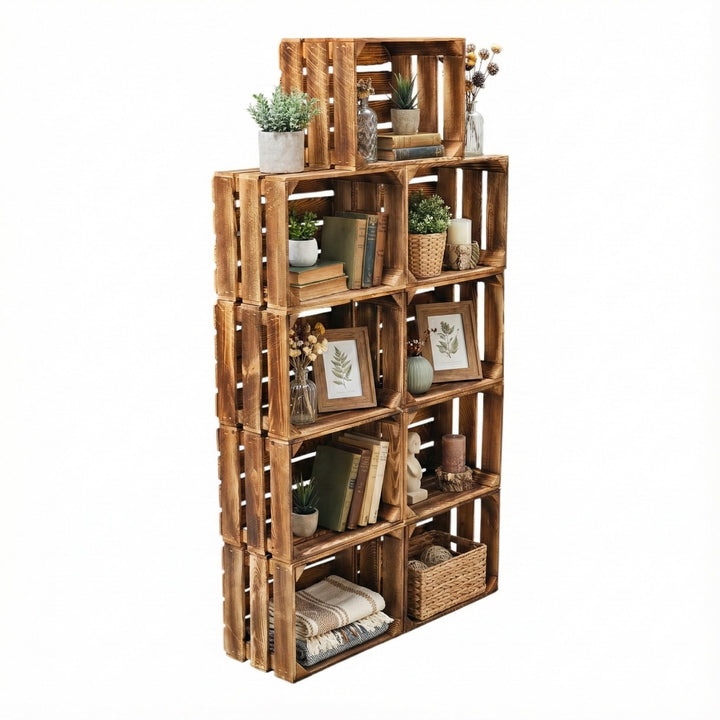 Teramico Vintage Holzkisten 40 x 30 x 25cm geflammt | Weinkisten &amp; Obstkisten | Set-Angebote (9er Se