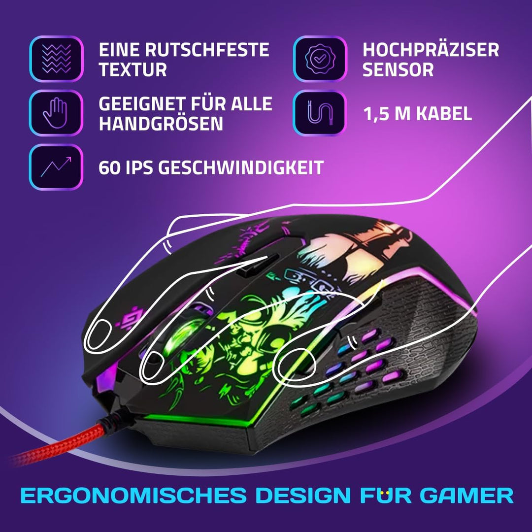 Defender Sin’Sister GM-933 Gaming Maus - Ergonomische, Kabelgebundene PC Maus mit Seitentasten, 7200
