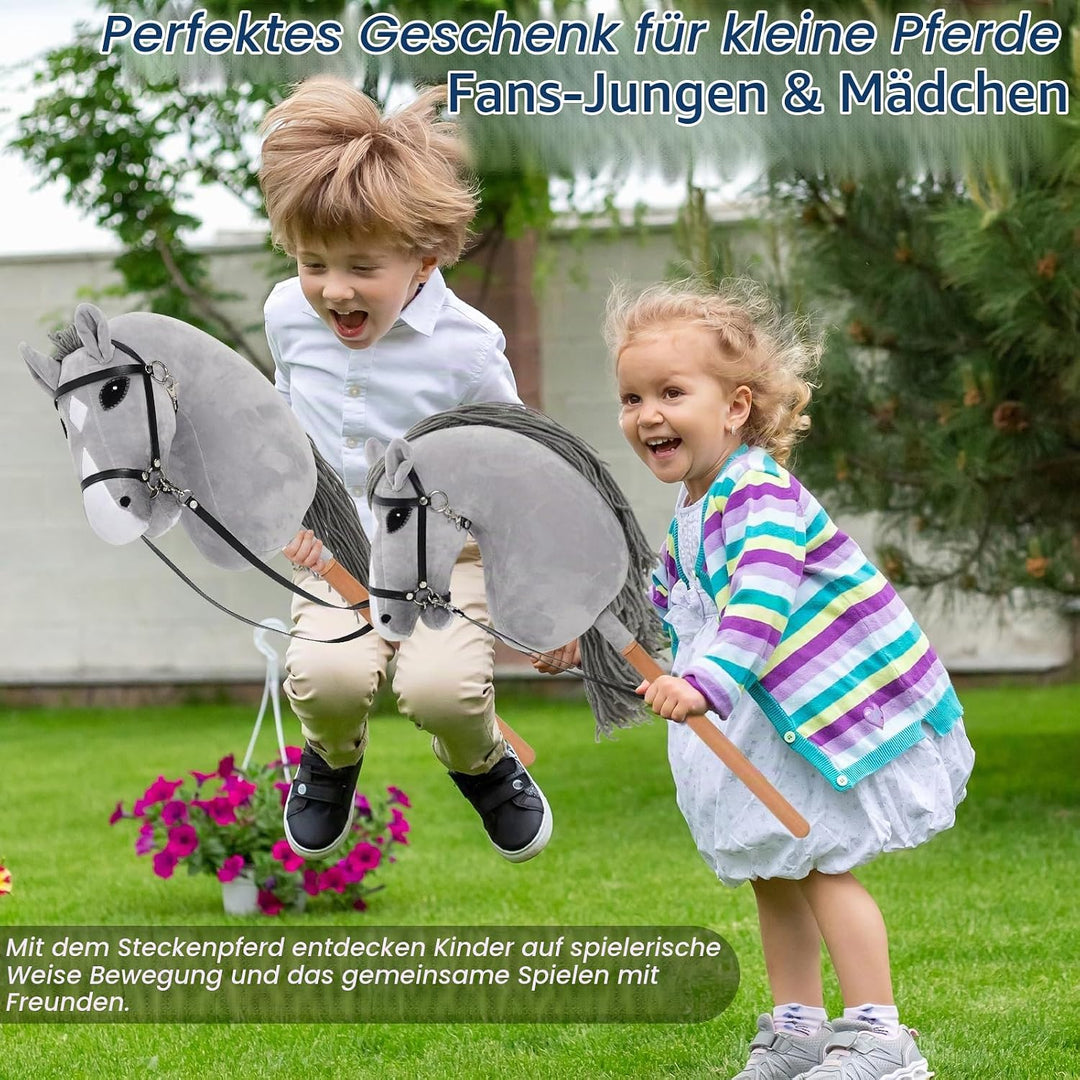 Hobby Horse für Kinder, Steckenpferd Spielzeug Pferd mit Halfter und Zügeln, Holzpferd Plüschpferd S