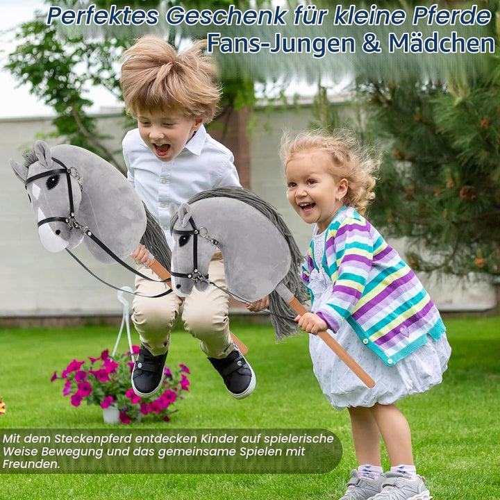Hobby Horse für Kinder, Steckenpferd Spielzeug Pferd mit Halfter und Zügeln, Holzpferd Plüschpferd S