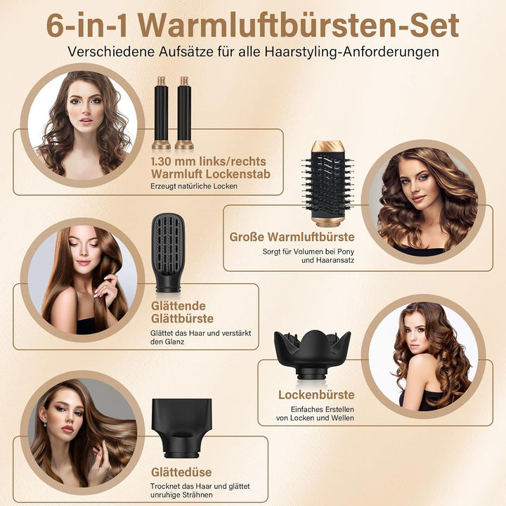 6 in 1 Airstyler Set, Föhnbürste, Faltbare lonen Föhn, Warmluftbürste, Automatischer Lockenstab, Glä