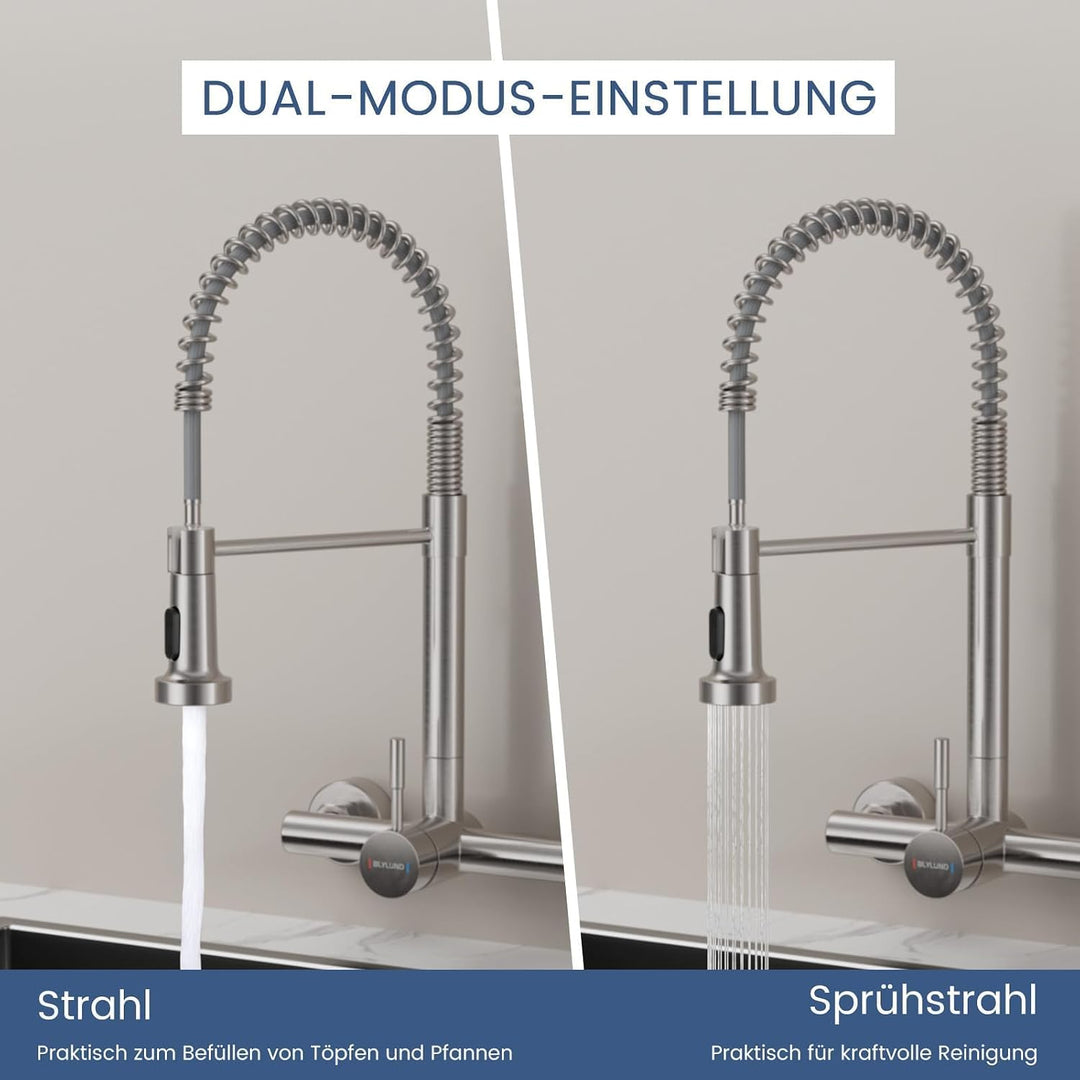 wasserhahn küche wandmontage mit ausziehbarem Sprühkopf, Hoch Gebogen Wandarmatur mit 2 Strahlarten