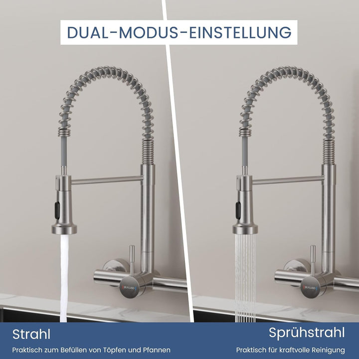 wasserhahn küche wandmontage mit ausziehbarem Sprühkopf, Hoch Gebogen Wandarmatur mit 2 Strahlarten