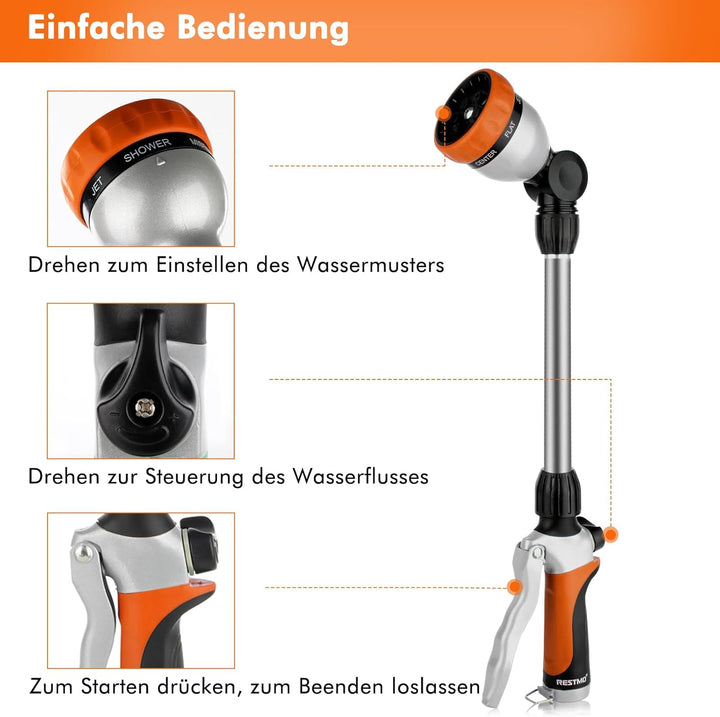 RESTMO Garten Giessstab Metall, 39cm Lang Gartenbrause mit Stiel, 180° schwenkbaren Kopf Stabbrause
