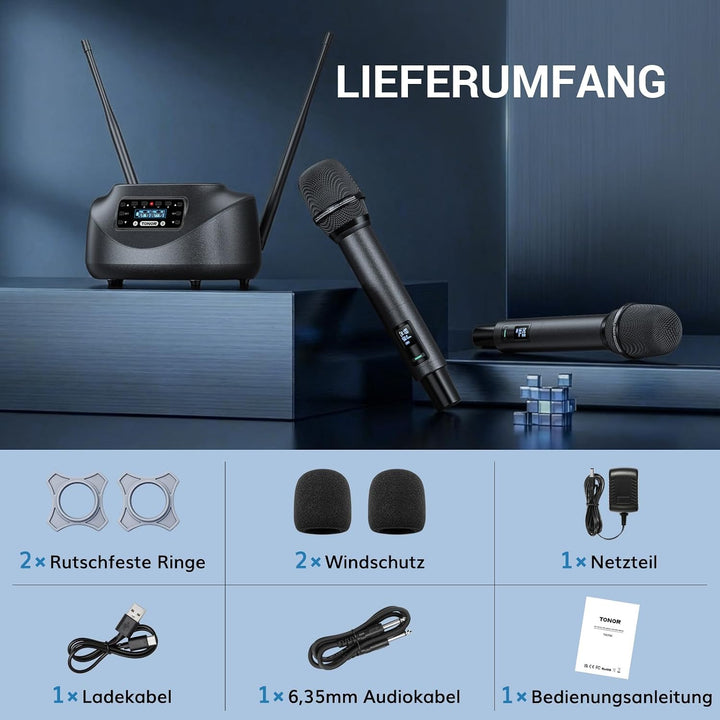 TONOR Wiederaufladbares Funkmikrofon Set, Bluetooth Mikrofon, Auto Scan, IR-Kopplung, Kabellos – für