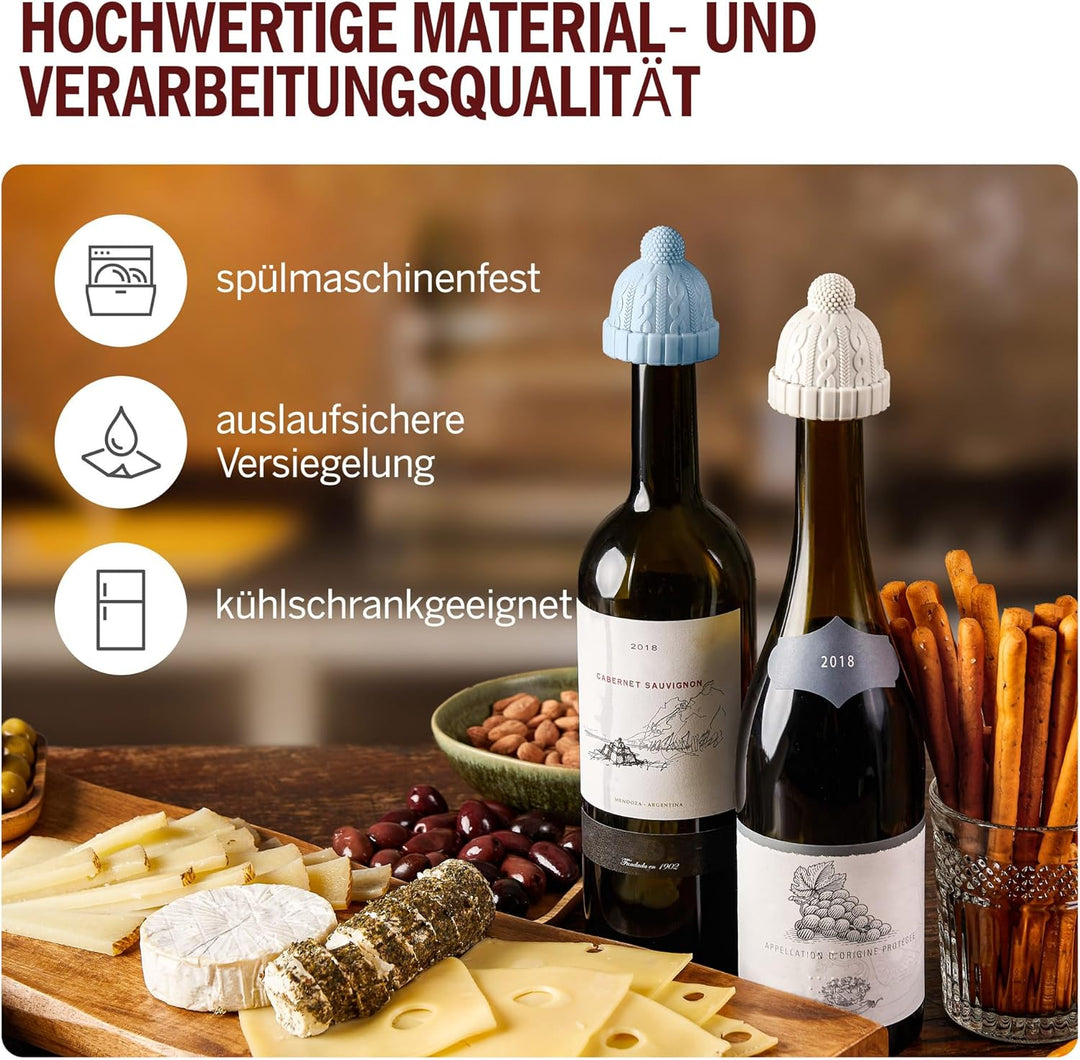 Monkey Business Set aus 2 Weinstopfen für Weinflaschen, Skurriles Weinzubehör, Strickmützen-förmige