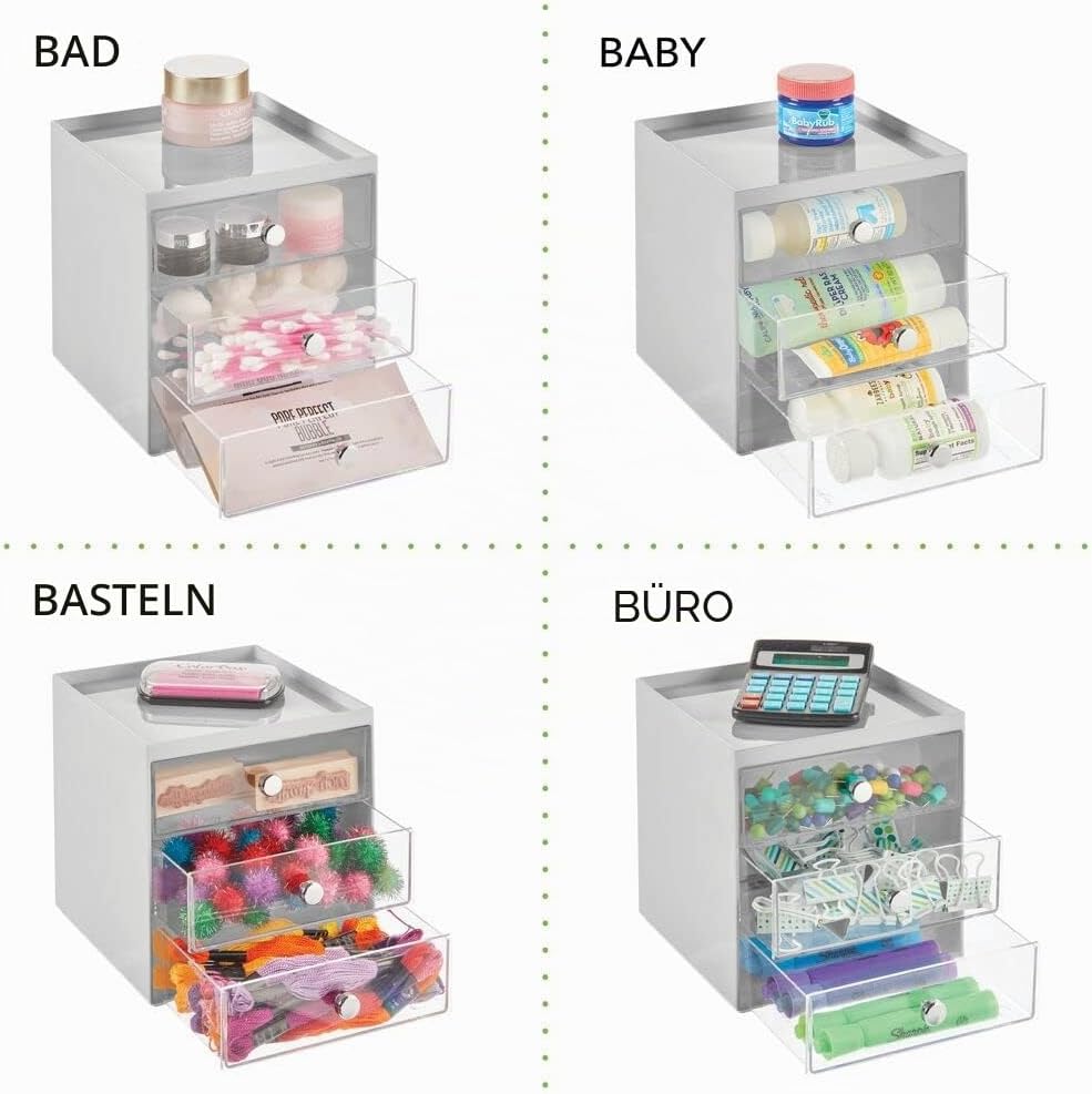 mDesign Make-up Organizer – stapelbare Aufbewahrungsbox mit 3 Schubladen für Mascara, Puder, Nagella