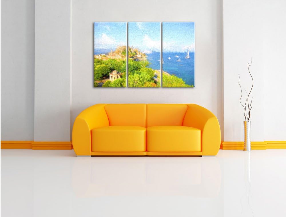 Pixxprint Griechische Insel Bunstift Effekt 3-Teiler Leinwandbild 120x80 Bild auf Leinwand