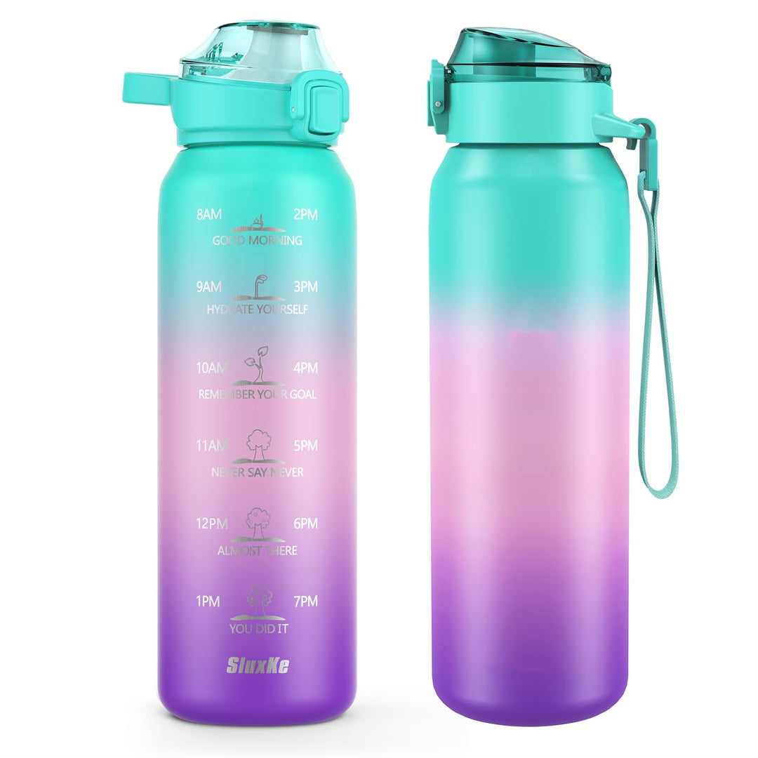 SLUXKE Trinkflasche Edelstahl 1000ml mit Zeitmarkierung, 1L Thermosflasche mit Auslaufsichere Deckel