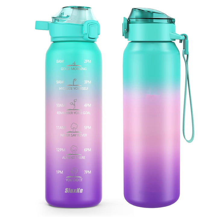 SLUXKE Trinkflasche Edelstahl 1000ml mit Zeitmarkierung, 1L Thermosflasche mit Auslaufsichere Deckel