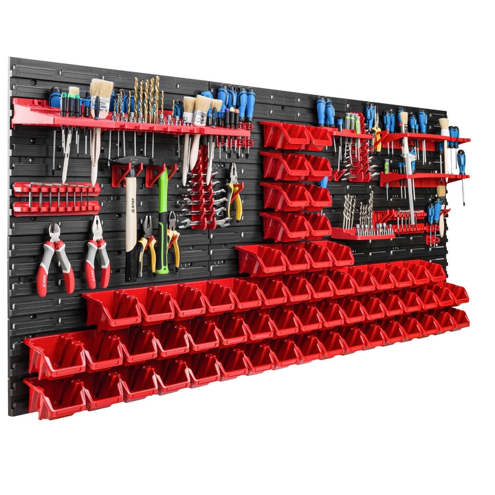 Lagersystem Werkstattregal | 172 x 78 cm | 60 stck. Box | Wandregal mit Werkzeughalterungen und Stap