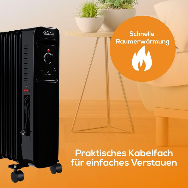 TroniTechnik® Ölradiator OR-207 7 Rippen 1500 W schwarz | 3 Heizstufen, Thermostat, Überhitzungsschu