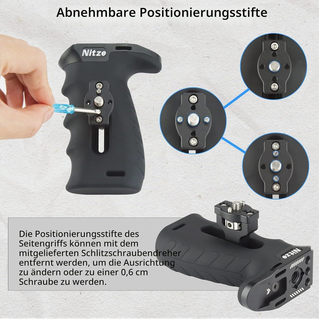 Nitze Ergonomic Side Handle with 1/4” Screw and Detachable Locating Pins, Seitengriff for Left or Ri