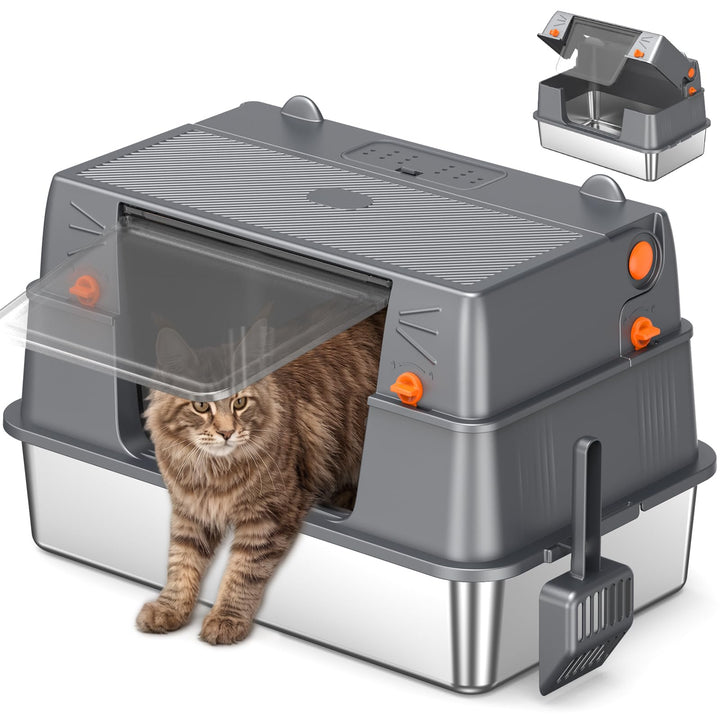 Edelstahl Katzentoilette Geschlossen 100° Klappdeckel,Dunkelgrau | Metallwanne, Vollständige Öffnung