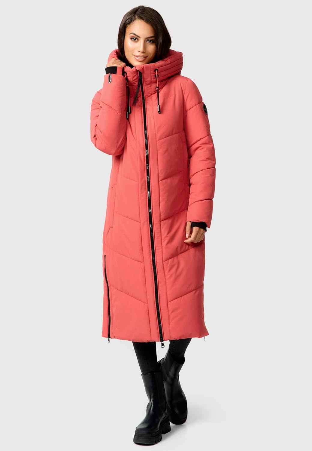 MARIKOO Damen Wintermantel Warmer Steppmantel lang mit Kapuze und abnehmbarem Kunstfellkragen Nadare