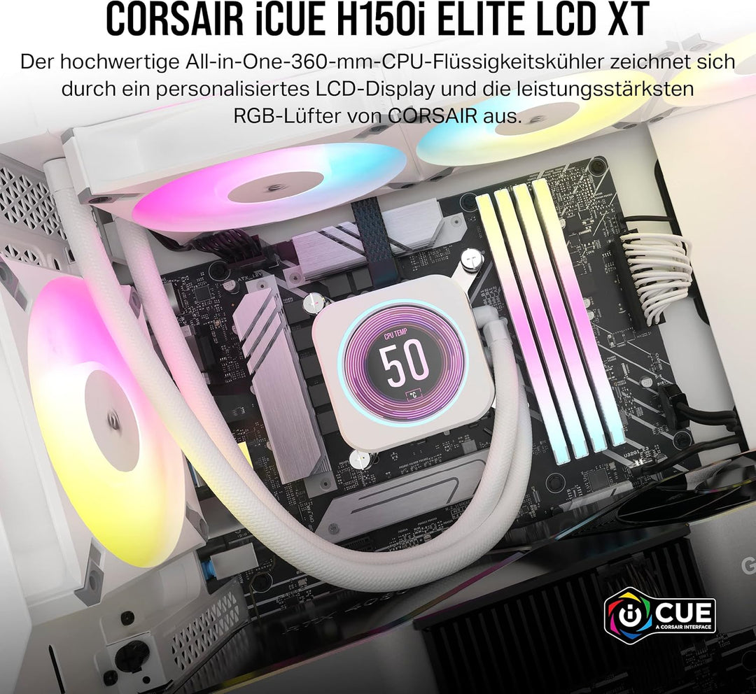 Corsair iCUE H150i Elite LCD XT Flüssig-CPU-Kühler - IPS-LCD-Bildschirm - DREI AF120 RGB Elite-Lüfte