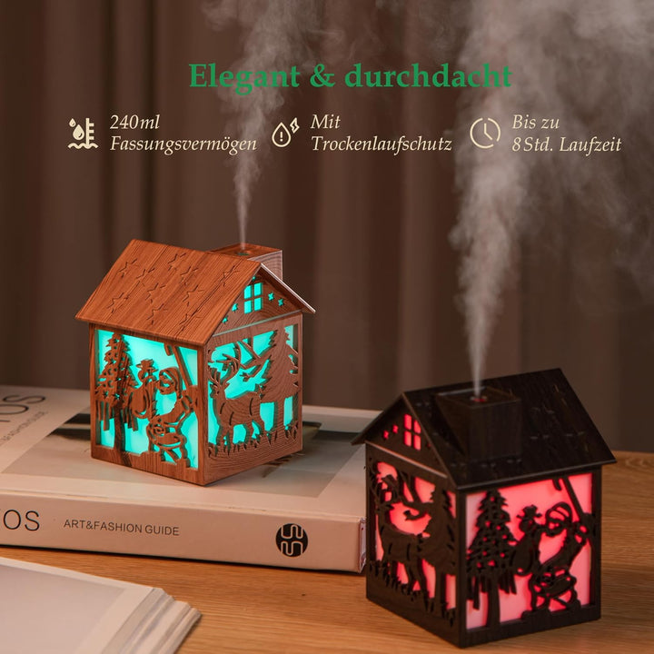 Mini Luftbefeuchter Weihnachten – 240ml Cool Mist Holzoptik USB Tischgerät mit LED Licht & Weihnacht
