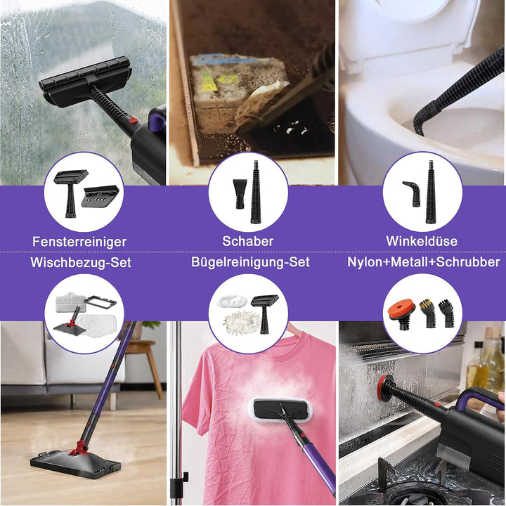 2-in-1 Dampfreiniger,1500W Handgerät,15s Aufheizung | 15s Aufheizung, 8+4 Zubehörteile,5m Kabel &amp; Dr