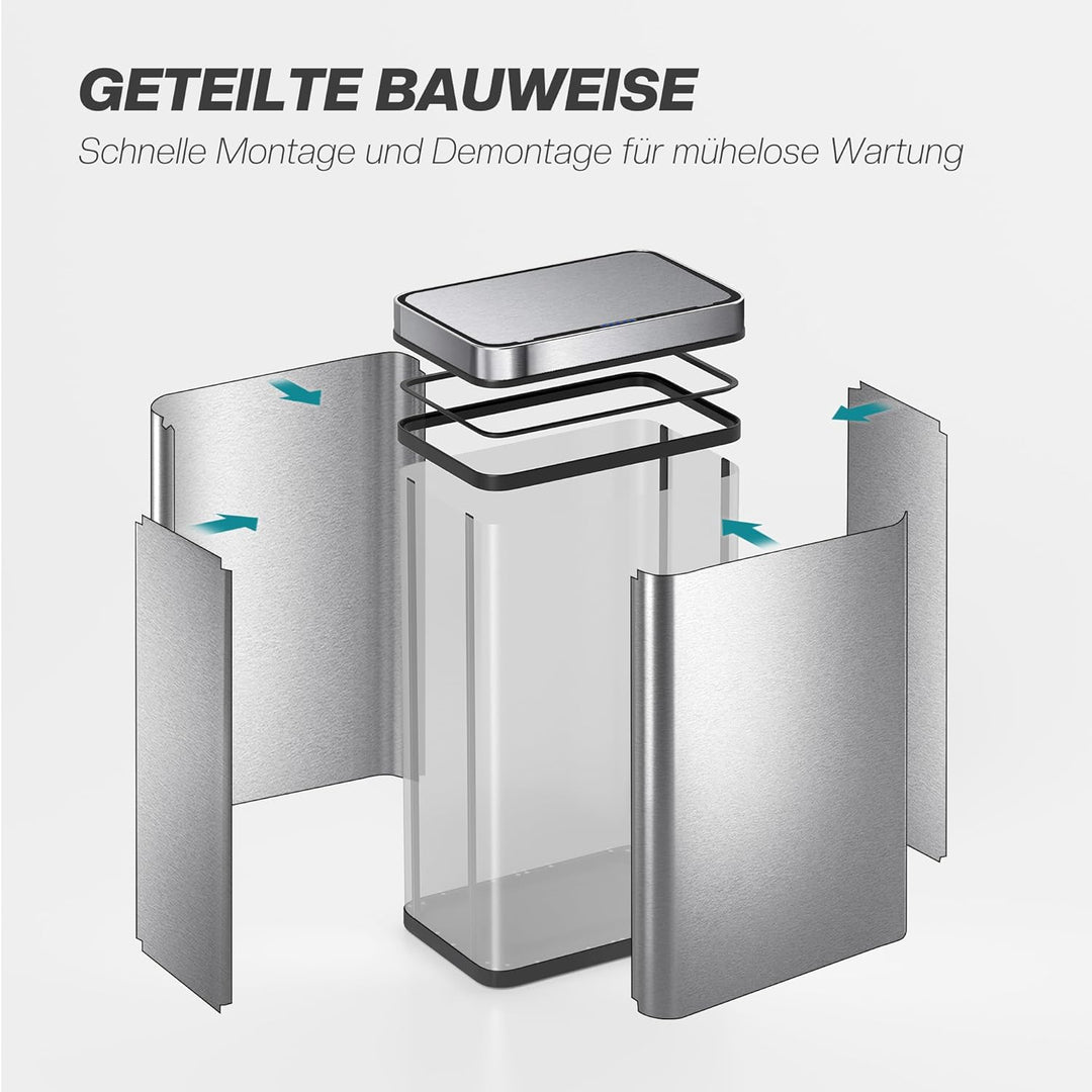 HOMCOM Mülleimer mit Sensor 60L Edelstahl Leiser Automatischer Abfalleimer mit Soft-Close-Deckel, Fi