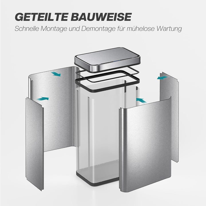 HOMCOM Mülleimer mit Sensor 60L Edelstahl Leiser Automatischer Abfalleimer mit Soft-Close-Deckel, Fi