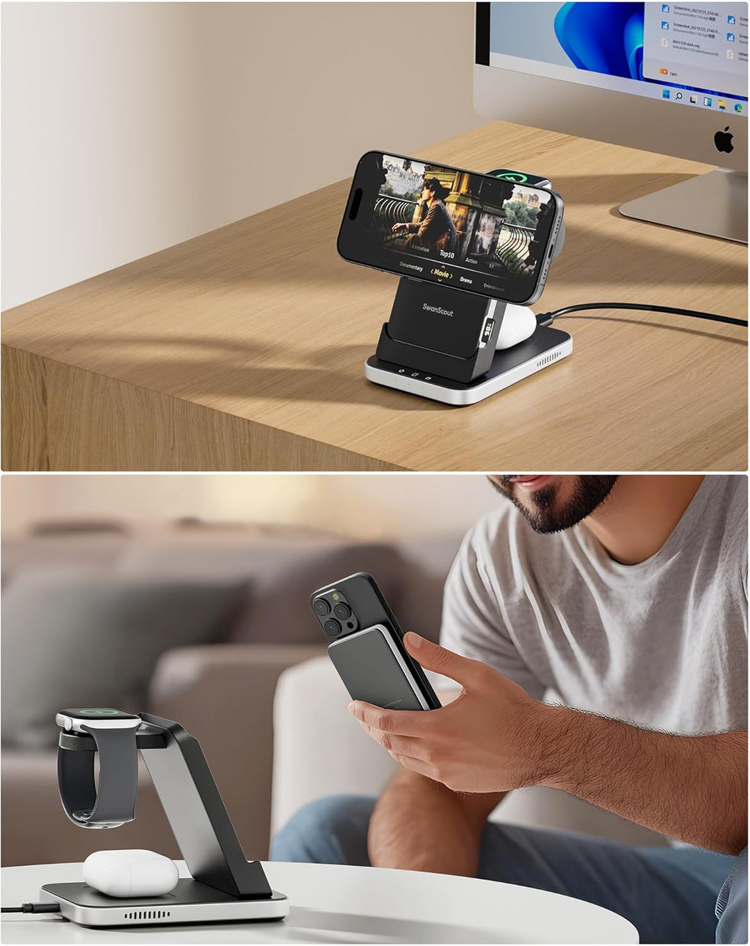 SwanScout 3 in 1 Magnetische Induktive Ladestation, 5000mAh Powerbank Kompatibel mit Magsafe für iPh