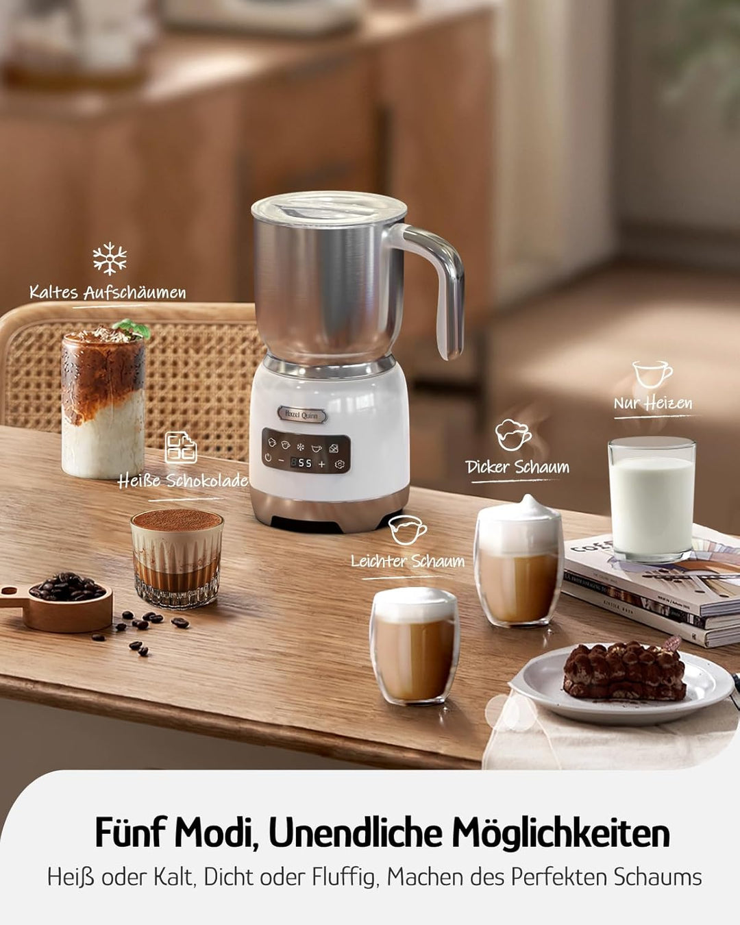 Hazel Quinn Milchaufschäumer 5-in-1 Funktionalität, 450 ml für Milchschaum heiss und kalt, heisse Sc
