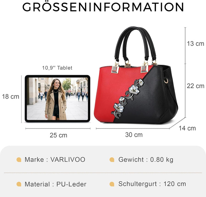 VARLIVOO Handtasche Damen Mittelgross Elegant Taschen mit Blumenstickerei Leader PU Henkeltasche Fra