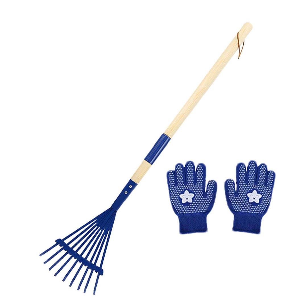 Rechen für Kinder, Rechen mit Holzgriff für Kinder, Set mit Gartenrechen und Handschuhen, Mehrzweck-