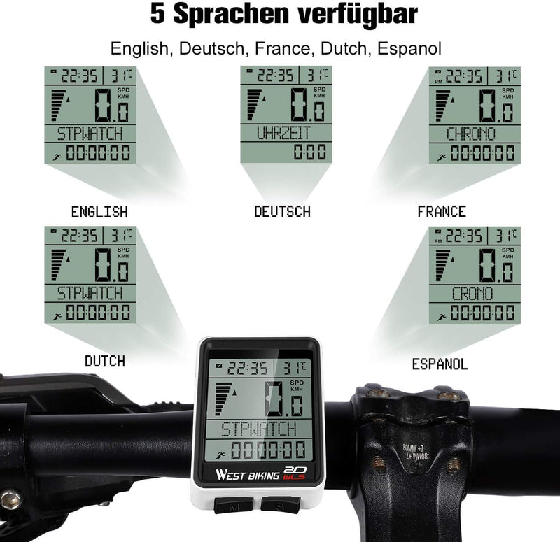 ICOCOPRO Fahrradcomputer Fahrrad Kilometerzähler Kabelloser wasserdichter grosser LCD-Bildschirm 5 S