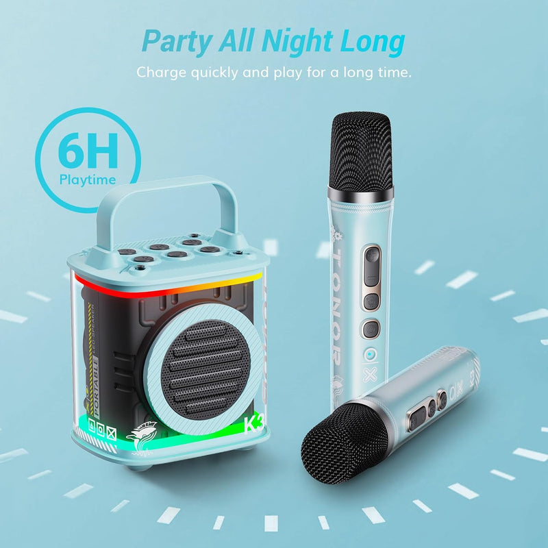 TONOR Mini-Karaoke-Maschine mit zwei kabellosen Mikrofonen, tragbarer Bluetooth-Karaoke-Lautsprecher