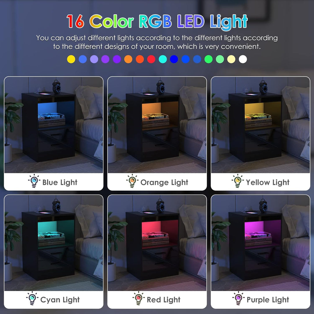 Lvhecforhm Nachttisch Schwarz mit LED-Beleuchtung, Nachttisch mit 2 AC-Steckdosen, 2 USB-Anschlüsse,