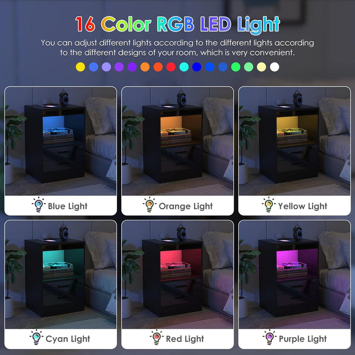 Lvhecforhm Nachttisch Schwarz mit LED-Beleuchtung, Nachttisch mit 2 AC-Steckdosen, 2 USB-Anschlüsse,