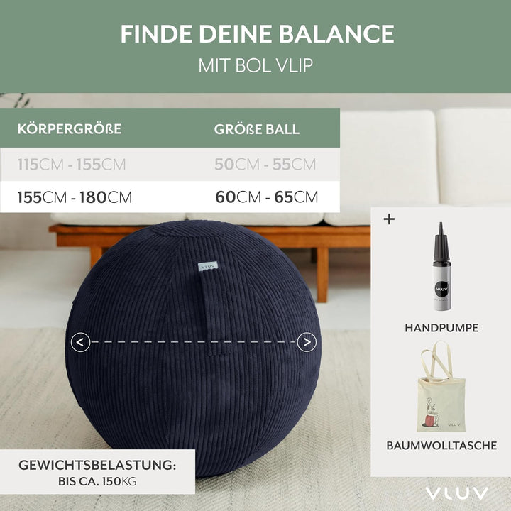 VLUV® BOL VLIP Sitzball Büro Ergonomisch [Atmungsaktiv mit Tragegriff und Wegrollschutz] Waschbarer