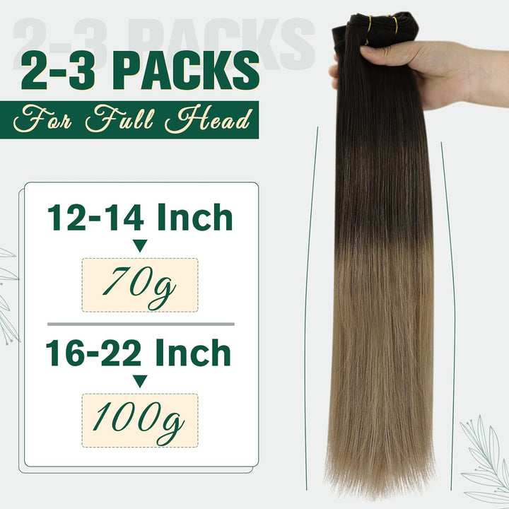RUNATURE Tressen Echthaar Extensions Balayage Fabre Dunkelbraun mit Mittelbraun und Aschblond Sew in