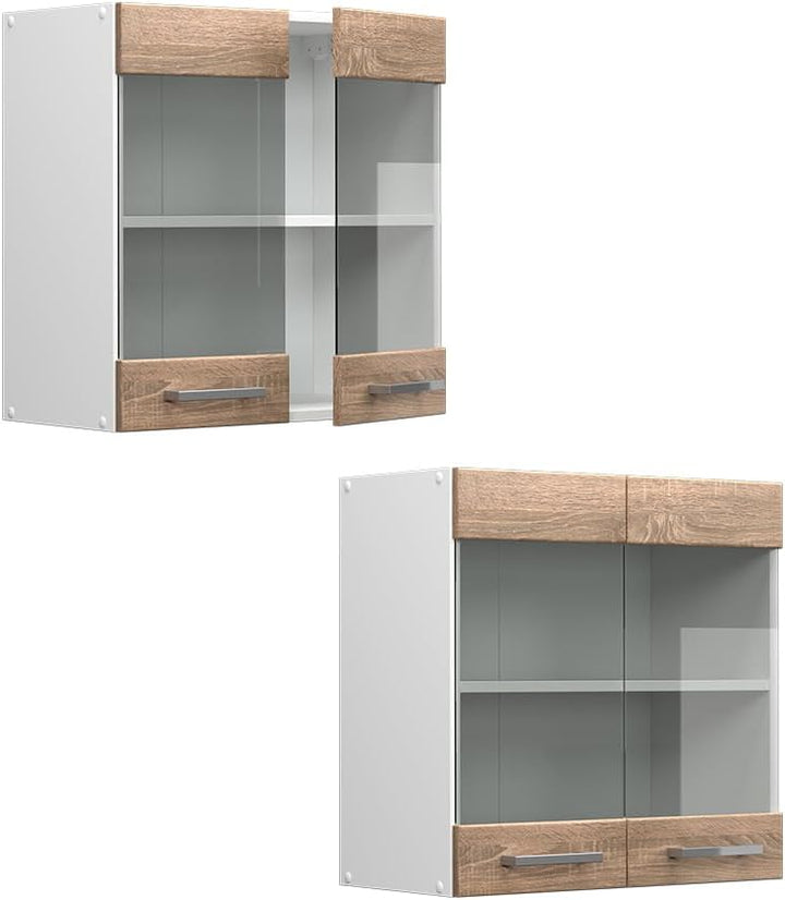 Vicco Küchenschrank Glas R-Line, Sonoma/Weiss, 60 cm Sonoma Hängeglasschrank 60cm, Sonoma Hängeglass