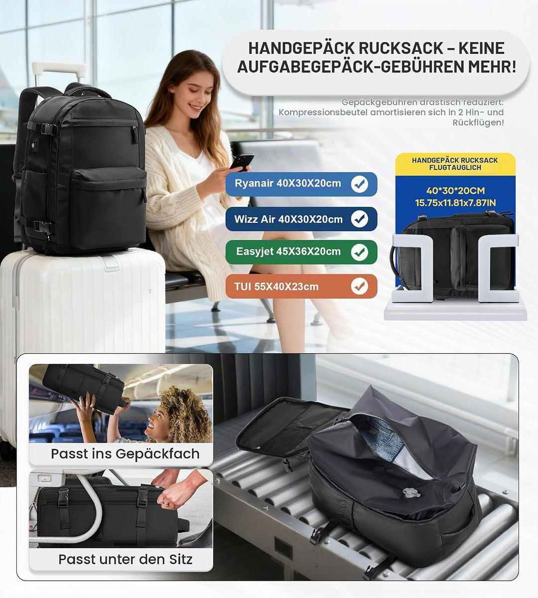 BOXSAM Vakuum Rucksack Handgepäck Flugzeug Tasche Airbag mit Vakuumsystem Reisen Tagesrucksack Ryana