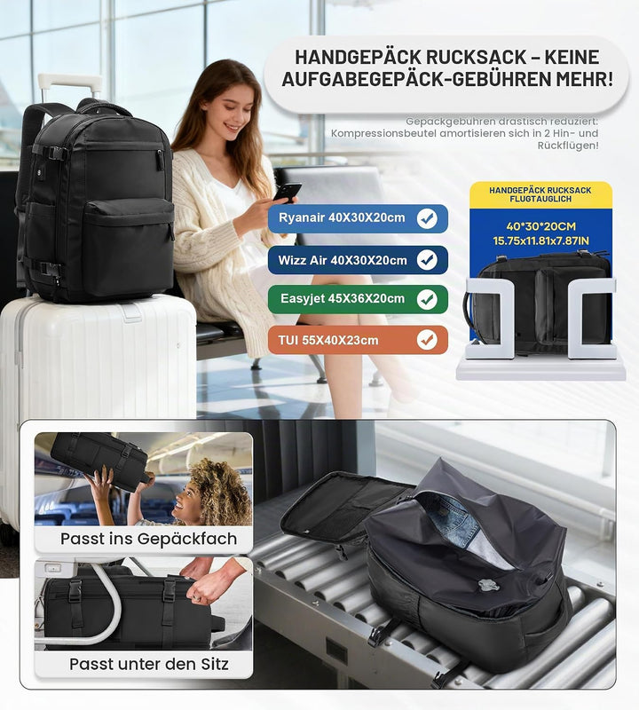 BOXSAM Vakuum Rucksack Handgepäck Flugzeug Tasche Airbag mit Vakuumsystem Reisen Tagesrucksack Ryana